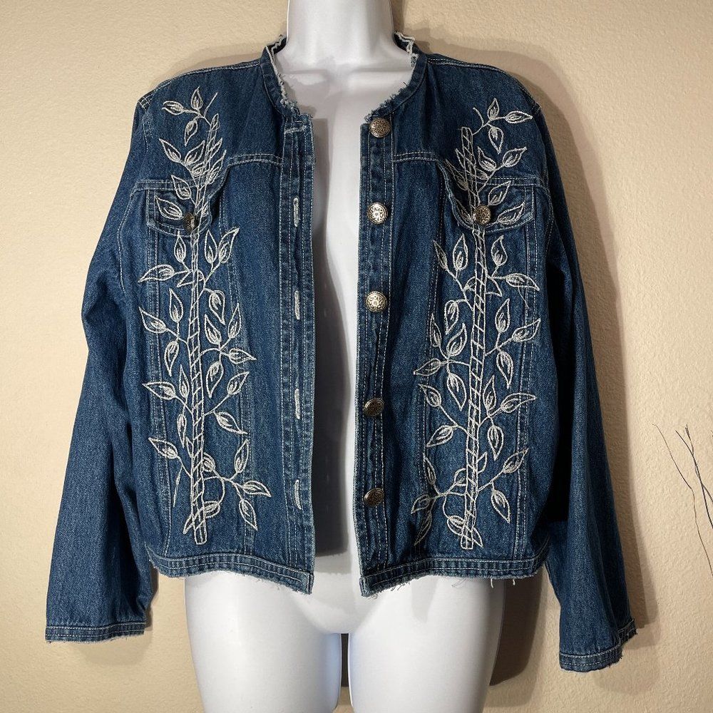 New Identity Vintage Denim Jacket Embroidered Cropped Jean Jacket Floral Large